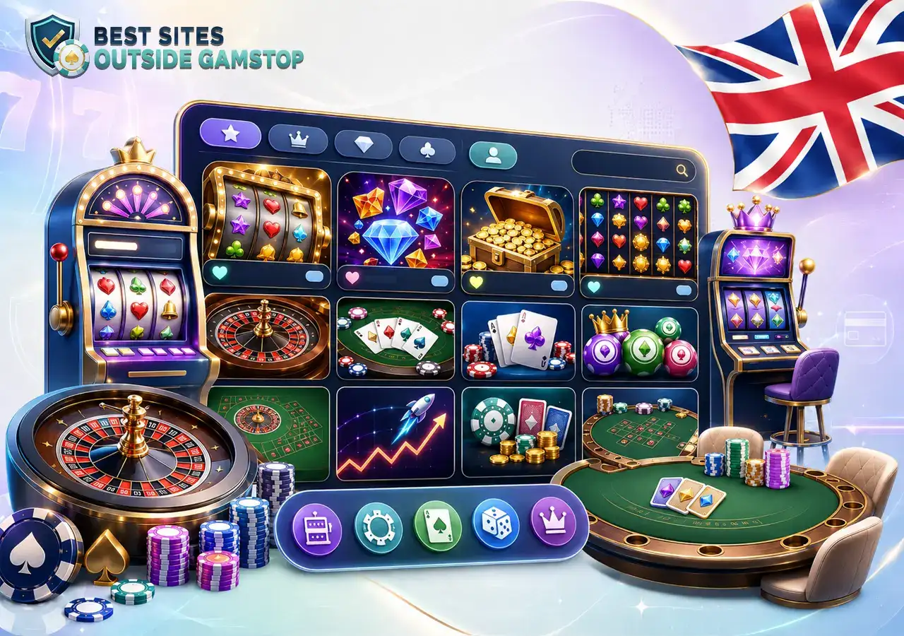 Games overview slots roulette blackjack poker sports betting UI